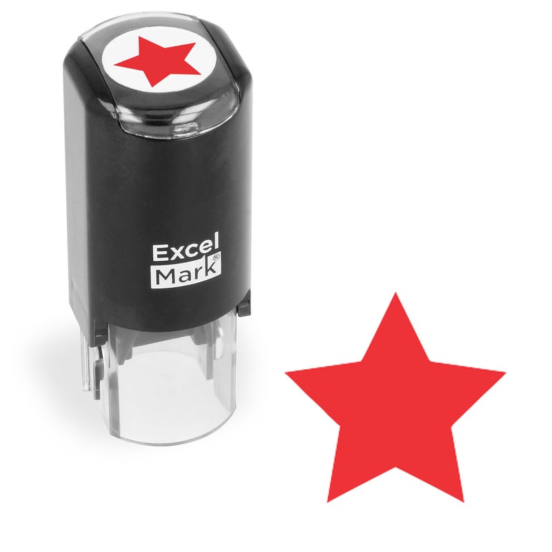 ExcelMark Round Teacher Stamp - Solid Star - RED Ink - Image 1